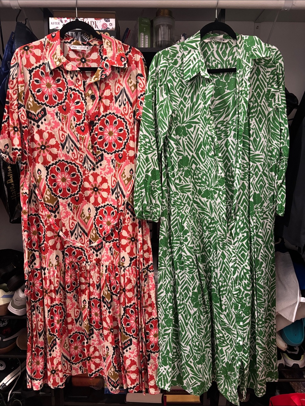 Zara Red Floral and Green Leaf Print Long Sleeve Midi Dresses